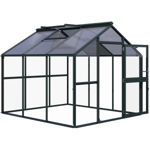 KGT Gewächshaus Novum III, tannengrün, 8,4 m² mit geöffneter Tür und Dachfenster.