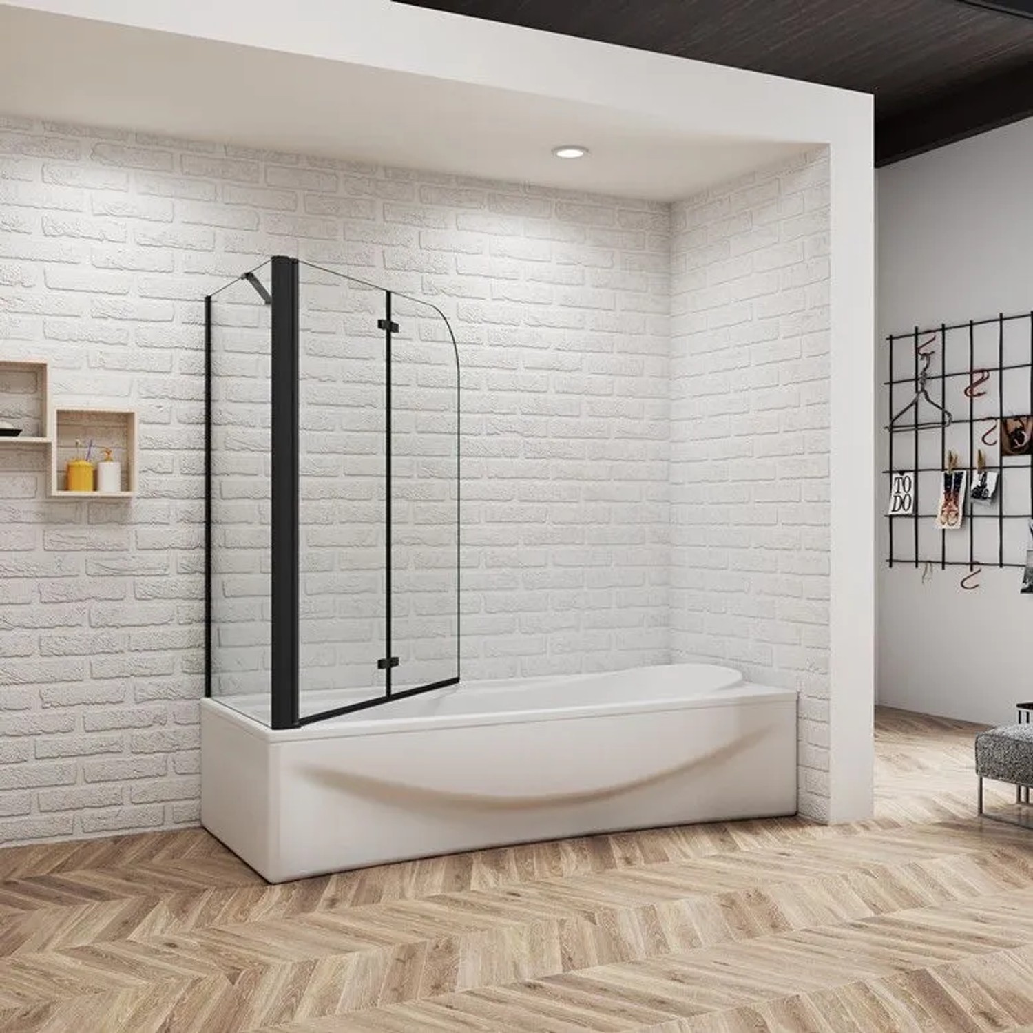 Badewannenaufsatz 110x140 cm mit Seitenwand, 2-teilige Faltwand, 6mm ESG-Glas, schwarz