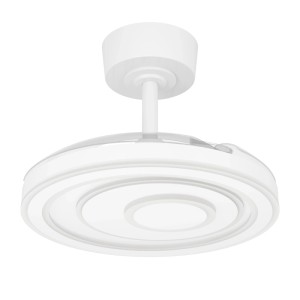 Weißer Eglo LED-Deckenventilator Riomaggiore, Ø 77 cm, mit eingezogenen Flügeln, wirkt wie moderne Deckenleuchte.