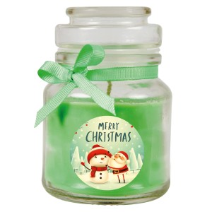 Grüne HS Candle Duftkerze im Glas mit Weihnachtsmotiv (Schneemann & Santa) und Schleife, 30h Brenndauer.