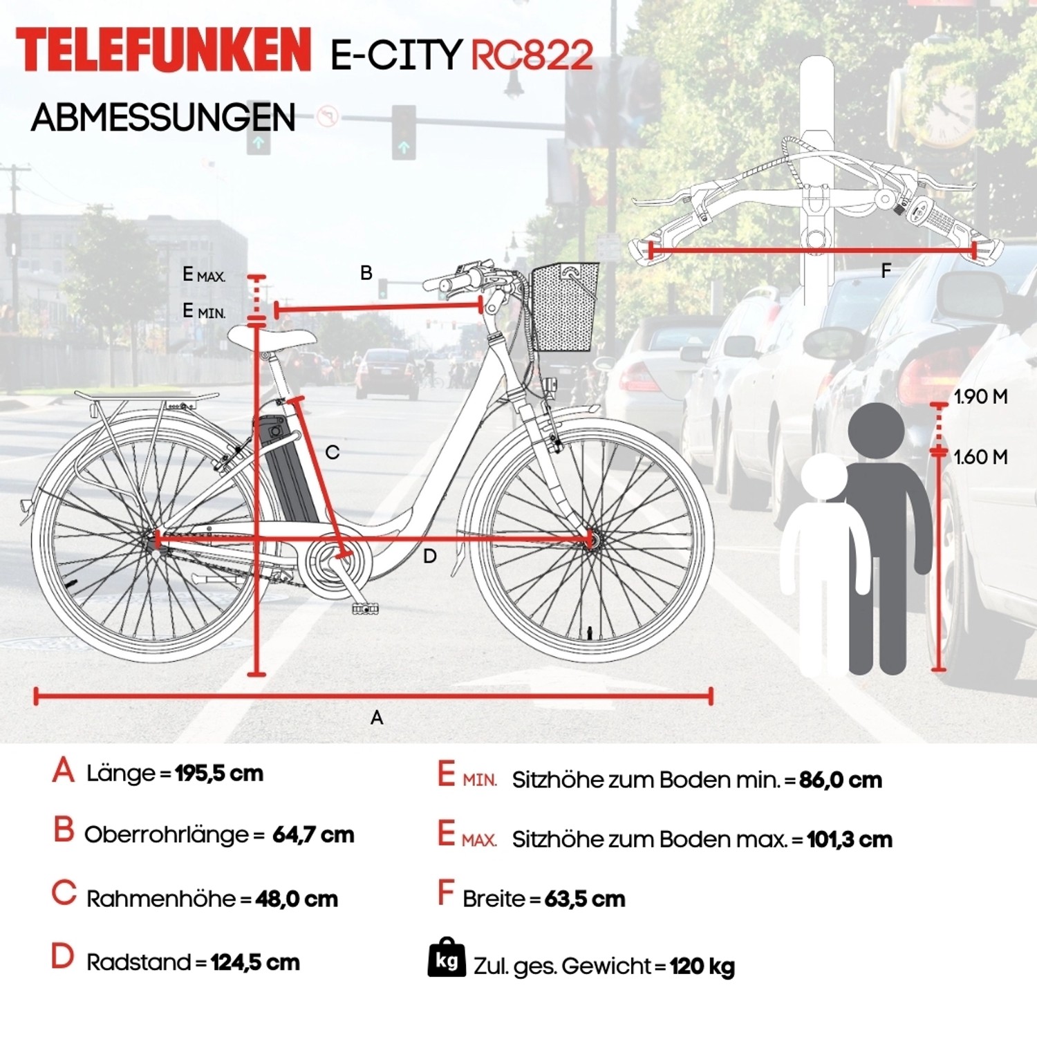 Skizze: Telefunken City E-Bike RC822 mit Maßangaben zu Länge, Höhe und Breite. Ideal für die Stadt.