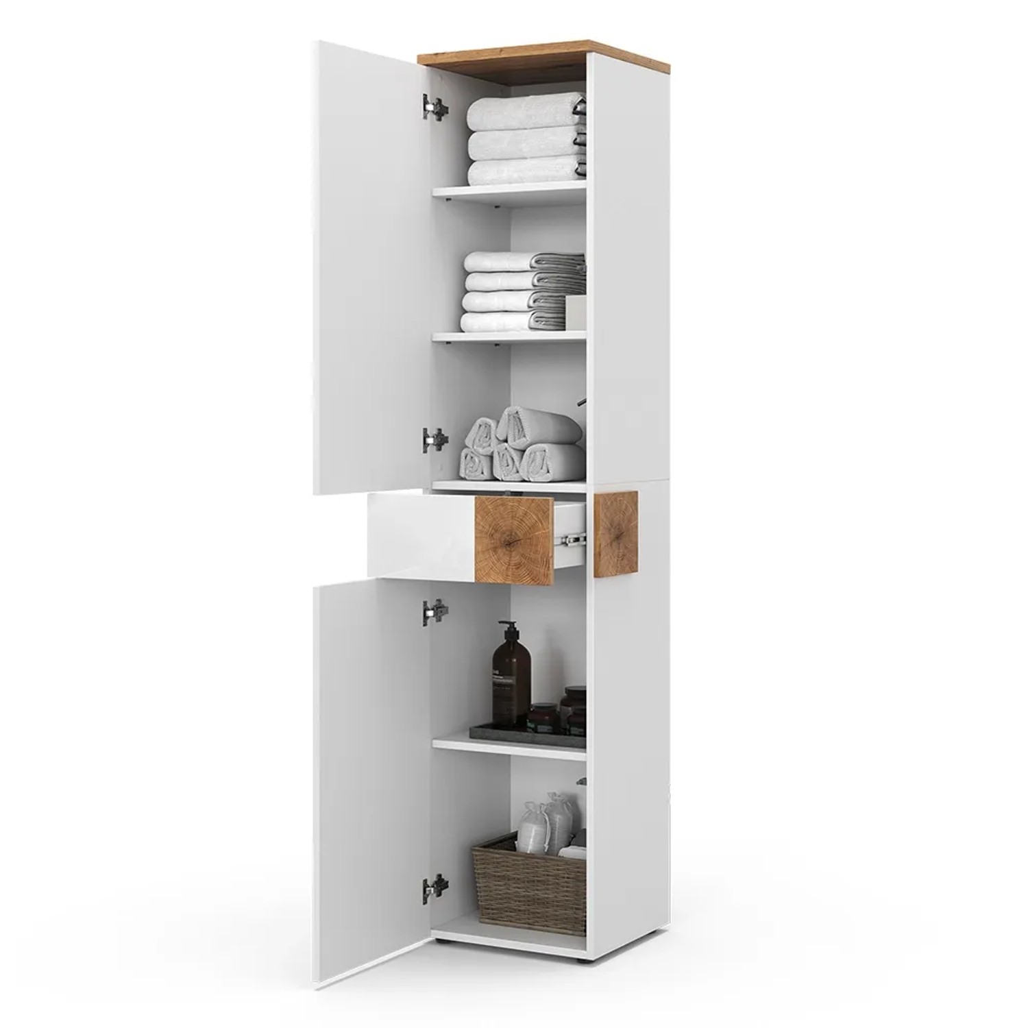 Vicco Badschrank Eden, weiß hochglanz/Artisan-Eiche, 40x184cm, mit Türen und Schublade.