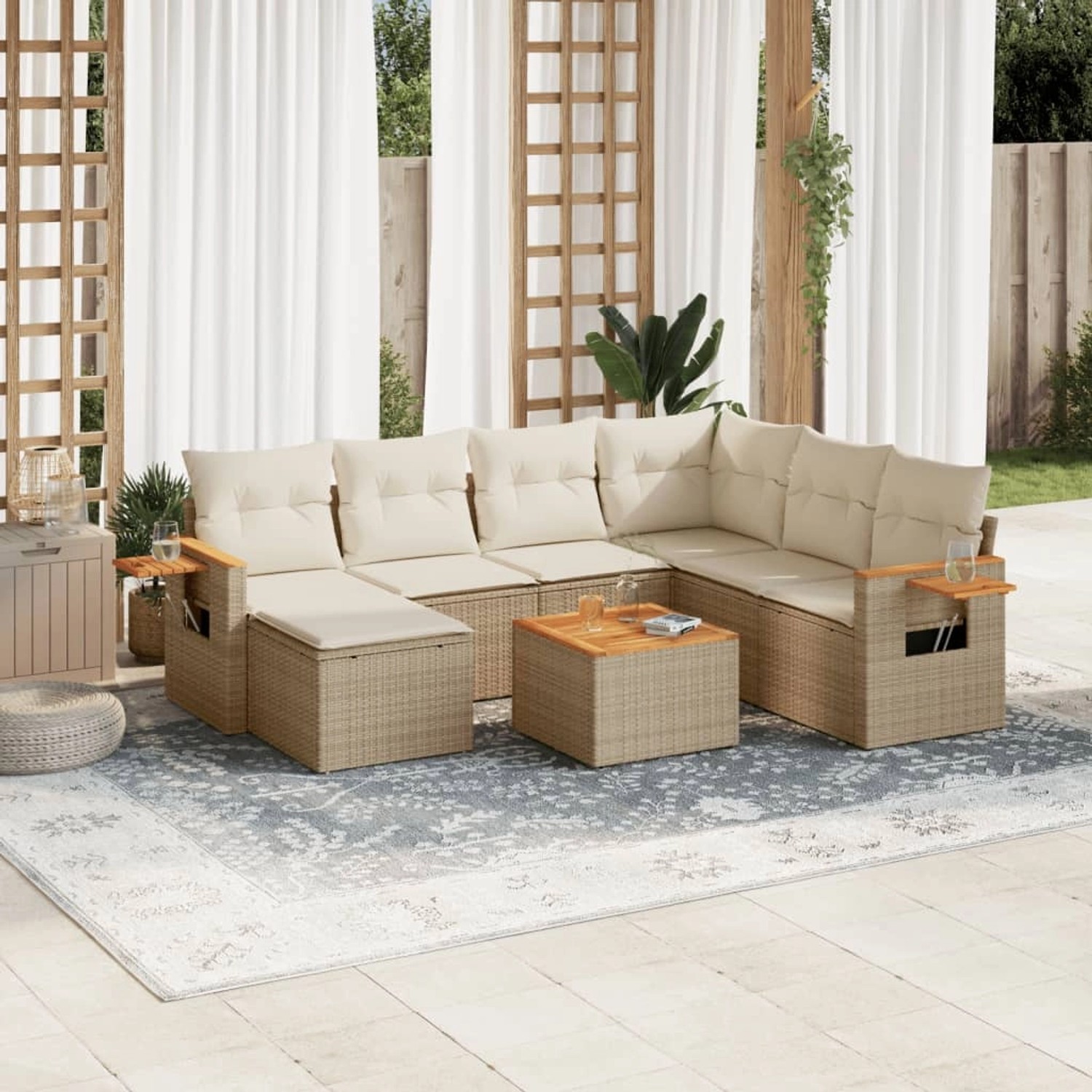 Beige 8-tlg. vidaXL Garten-Sofagarnitur aus Poly Rattan mit Kissen.
