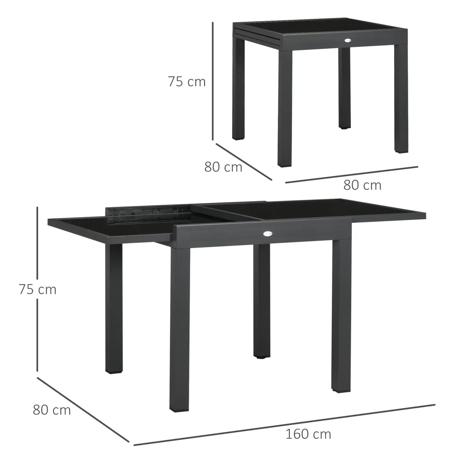 Outsunny Gartentisch, Aluminium, schwarz, ausziehbar von 80 auf 160 cm, mit Maßangaben.