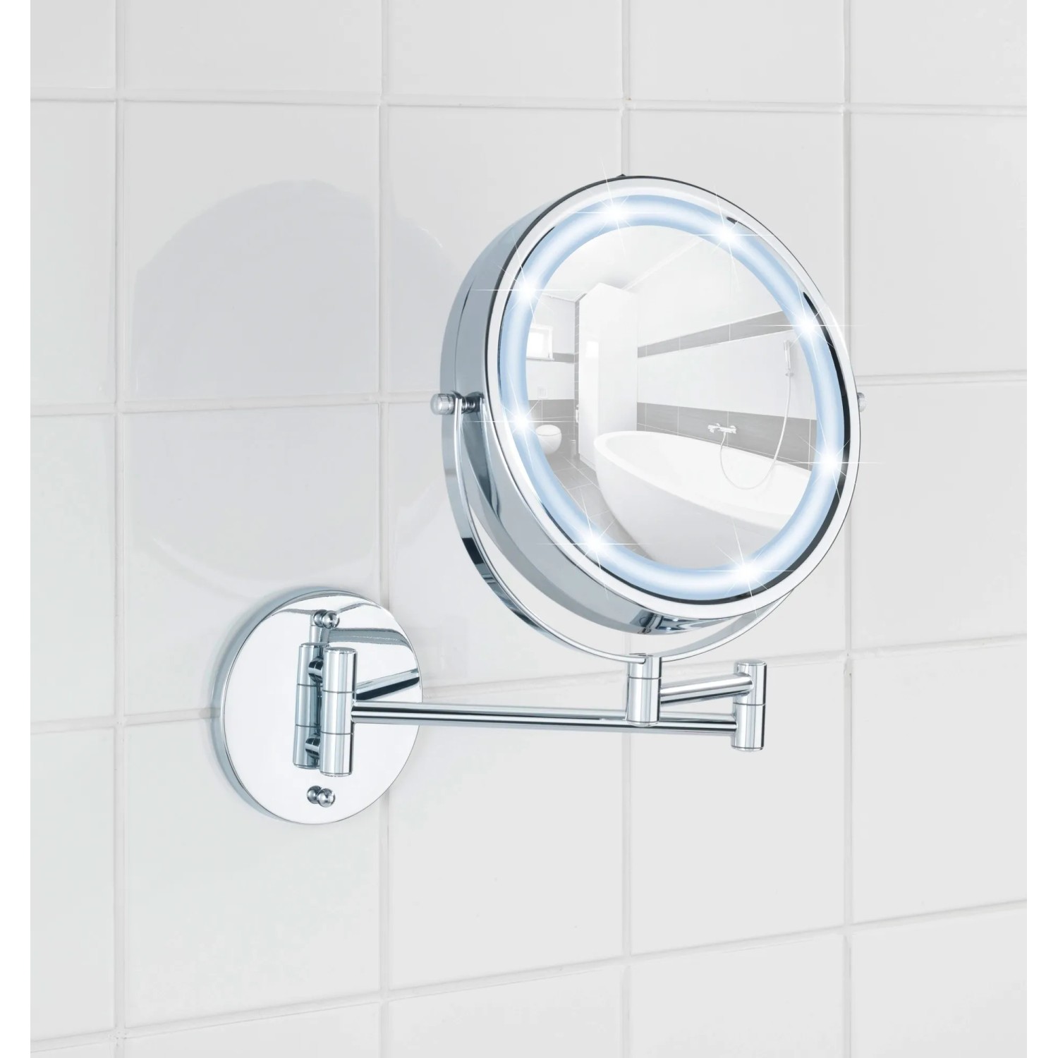 Wenko Power-Loc LED Kosmetikspiegel mit 5-fach Vergrößerung, Chrom