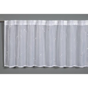 Weiße Bennetti Bistrogardine aus Voile mit Silberdruck, 45x140 cm. Scheibengardine mit transparentem Stoff.