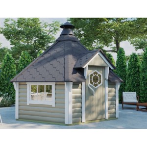 Finn Art Blockhaus Grill Gartenhaus Grillkota Exzellent 9 qm mit Grillanlage für max. 15 Personen