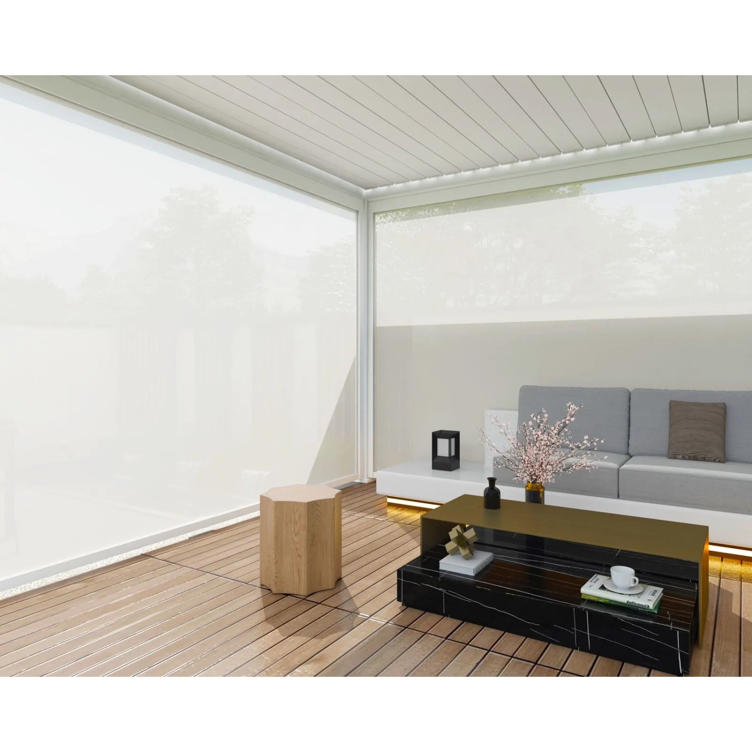 Weißes Weide Sonnenrollo (3 m) für Weide Pergola, montiert in modernem Outdoor-Bereich.