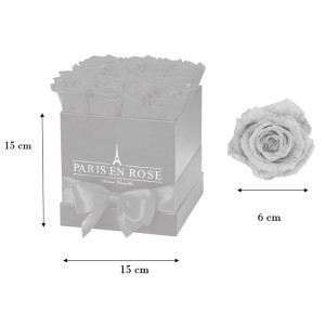 Eckige, schwarze Rosenbox mit Schleife und 12 roten Rosen. Die Rosen sind gefriergetrocknet und 3 Jahre haltbar.