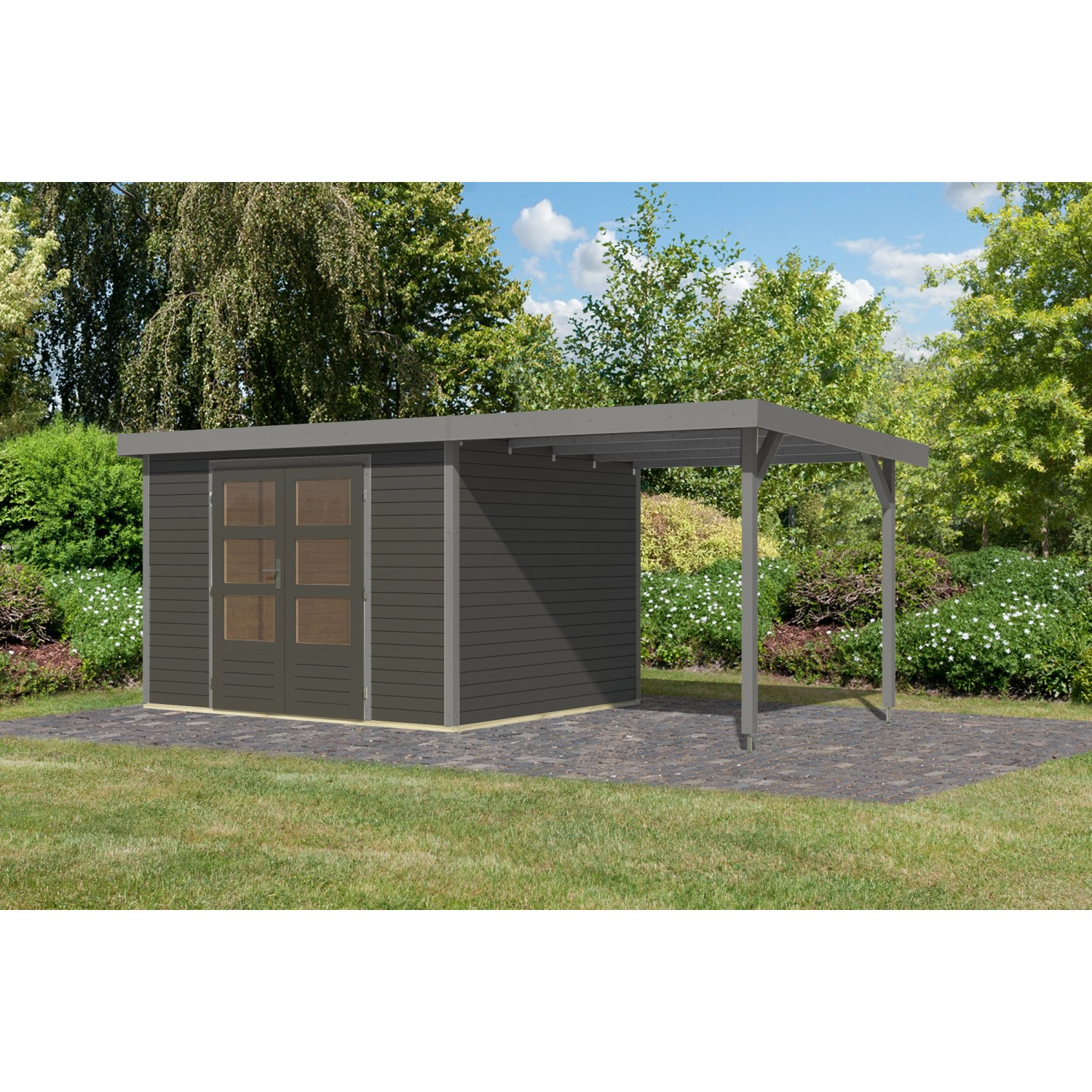 Karibu Gartenhaus Ernesto 5 B m. Anbaudach Terragrau/Grau 209 x 298 x 242 c günstig online kaufen