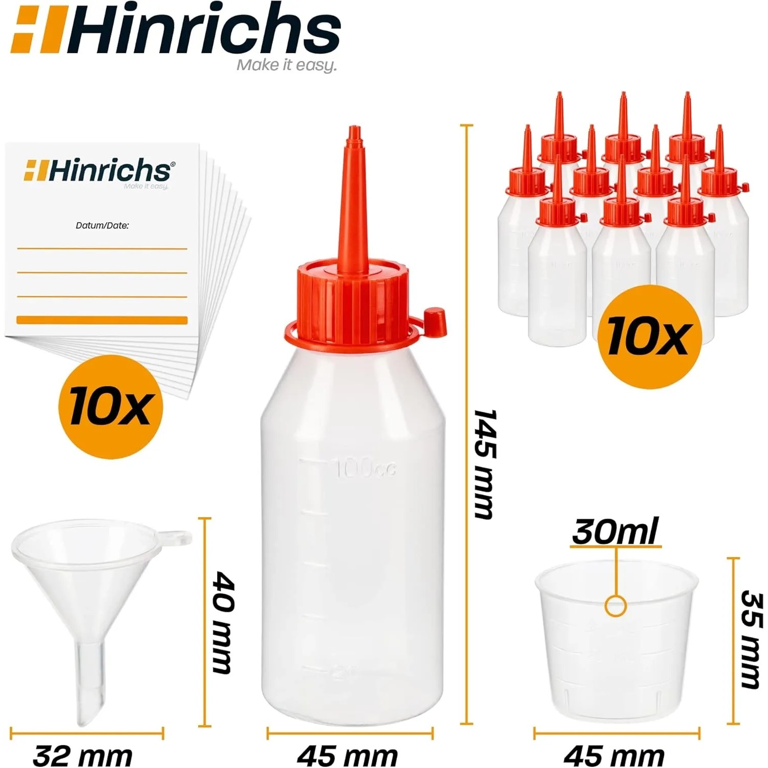 Hinrichs Tropfflaschen Set: 10x 100ml Flaschen, Trichter, Messbecher, Etiketten. Ideal für Öle & Flüssigkeiten.