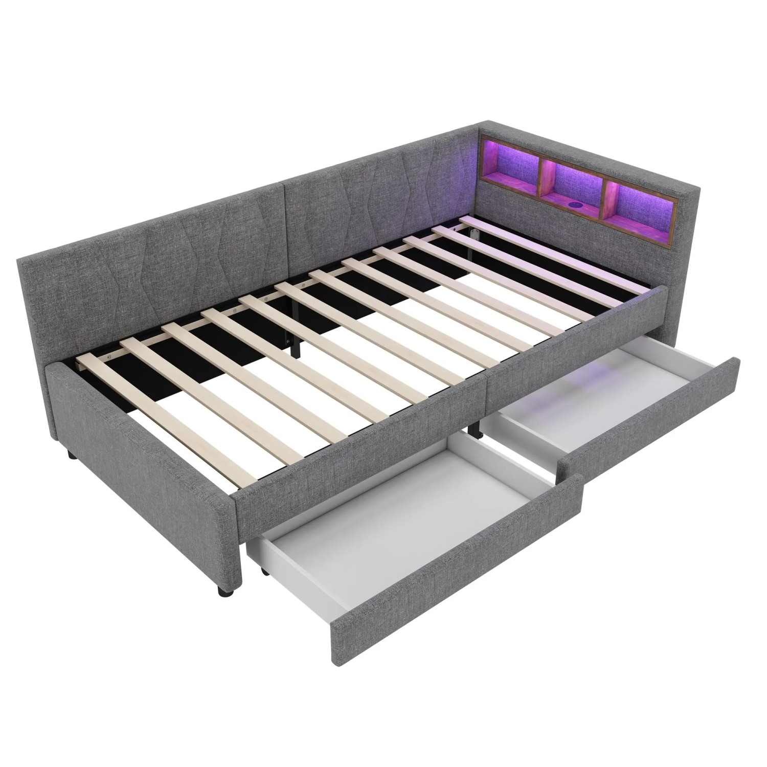 Merax Tagesbett 90x200 cm Mit Ablagefach USB Typ C 2 Schubladen Leinen Grau