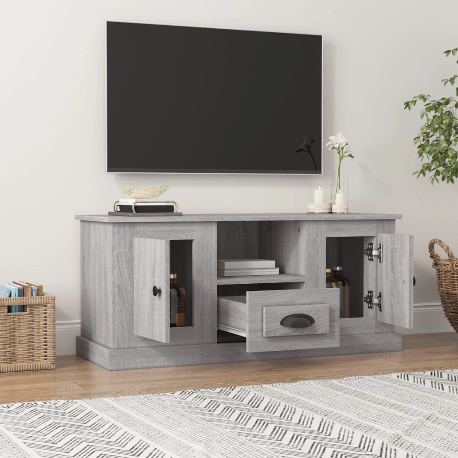 VidaXL TV-Schrank Grau Sonoma, 100x35,5x45 cm, Holzwerkstoff mit offenen Fächern, Schublade und Türen.
