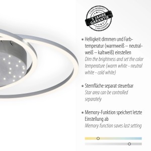 Stahlfarbene LED-Deckenleuchte Yuki von Paul Neuhaus mit Sternenhimmel, dimmbar.