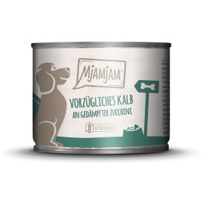 Mjamjam Hundenassfutter mit Kalb und Zucchini, getreidefrei, 200g Dose.