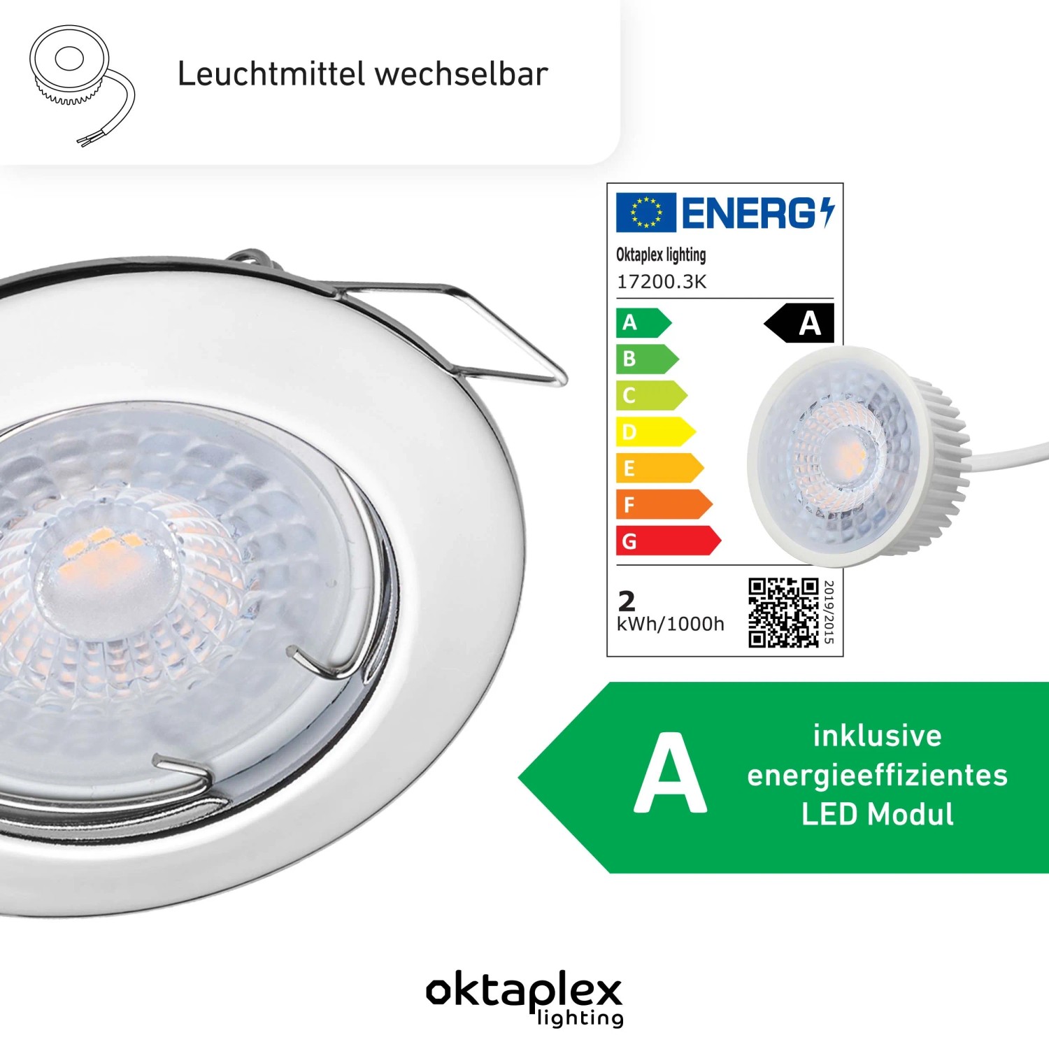 Oktaplex Einbauspot Sedan, 6er Set, Chromoptik, mit LED-Modul, warmweißes Licht.