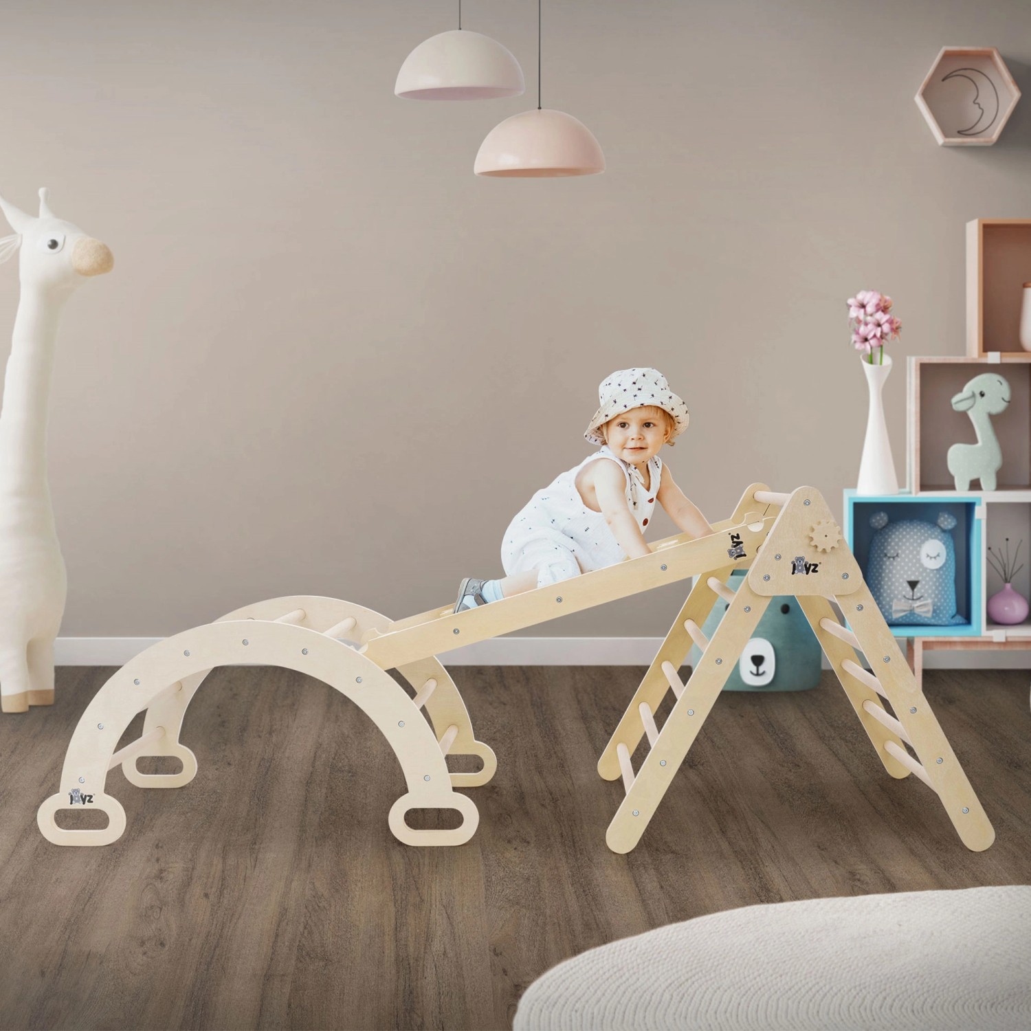 Joyz 3in1 Kletterdreieck mit Rutsche und Kletterbogen Natur Holz Set günstig online kaufen