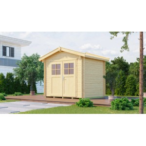 Unbehandeltes Weka Holz-Gartenhaus mit Satteldach, 250x284 cm, im Garten.