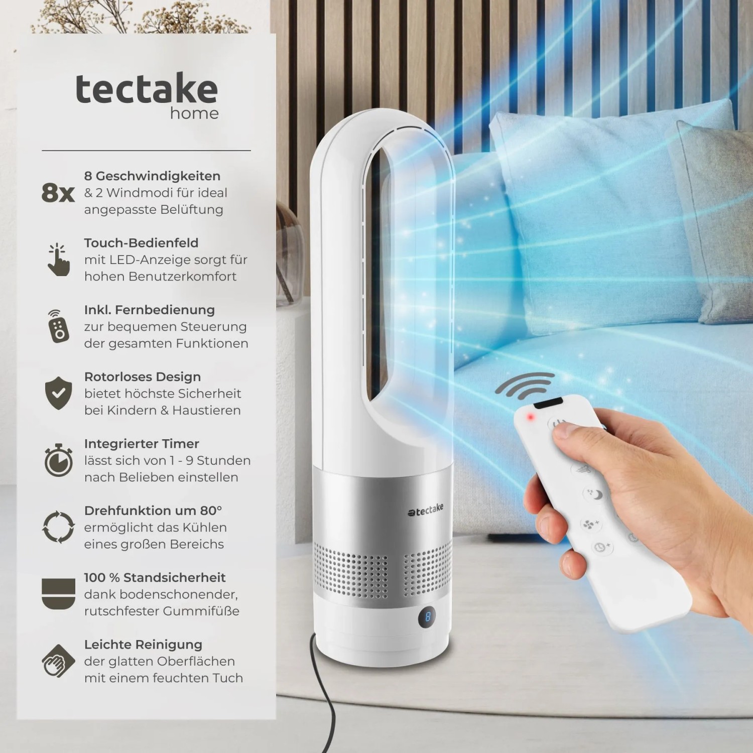 Tectake Turmventilator Polar 80° Oszillation  20 W 8 Geschwindigkeitsstufen  Maximal  und Schlafmodus Weiß 14 50 x 14 50 x 55 50 cm Weiß_2