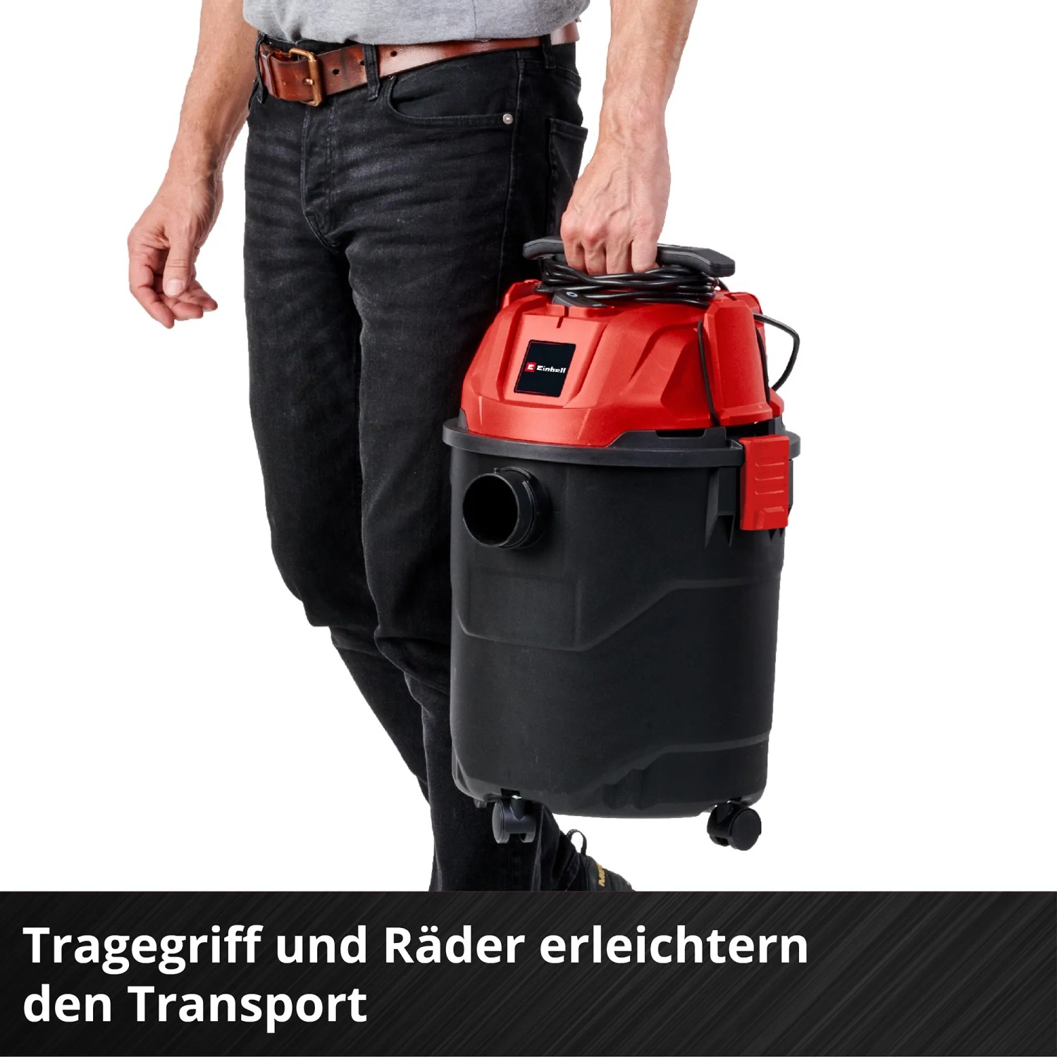 Einhell Nass-Trockensauger TC-VC 1820 in Rot-Schwarz mit Tragegriff und Rollen.