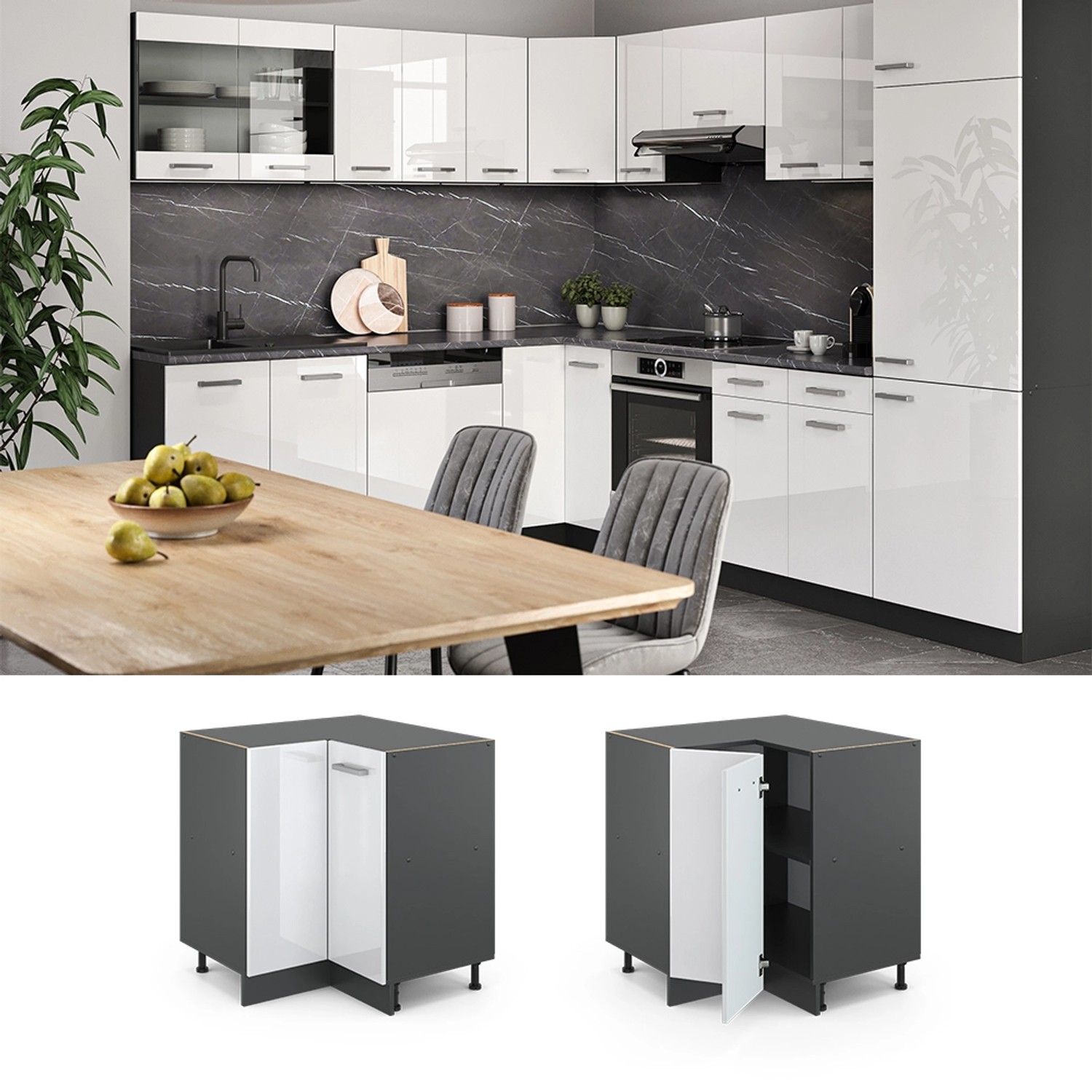 Vicco Eckunterschrank R-Line, weiß hochglanz/anthrazit, 76 cm, mit Arbeitsplatte in Anthrazit.