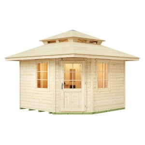 Weka Saunahaus Kurikka, naturbelassenes Holz mit Tür und Fenstern.