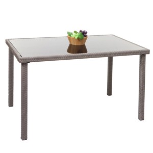 Grauer Poly-Rattan Gartentisch mit rechteckiger Glasplatte. Robust und vielseitig für Garten & Terrasse.