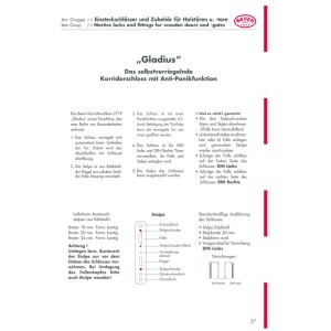 Abbildung eines technischen Datenblatts zum selbstverriegelnden Korridorschloss für Profilzylinder.