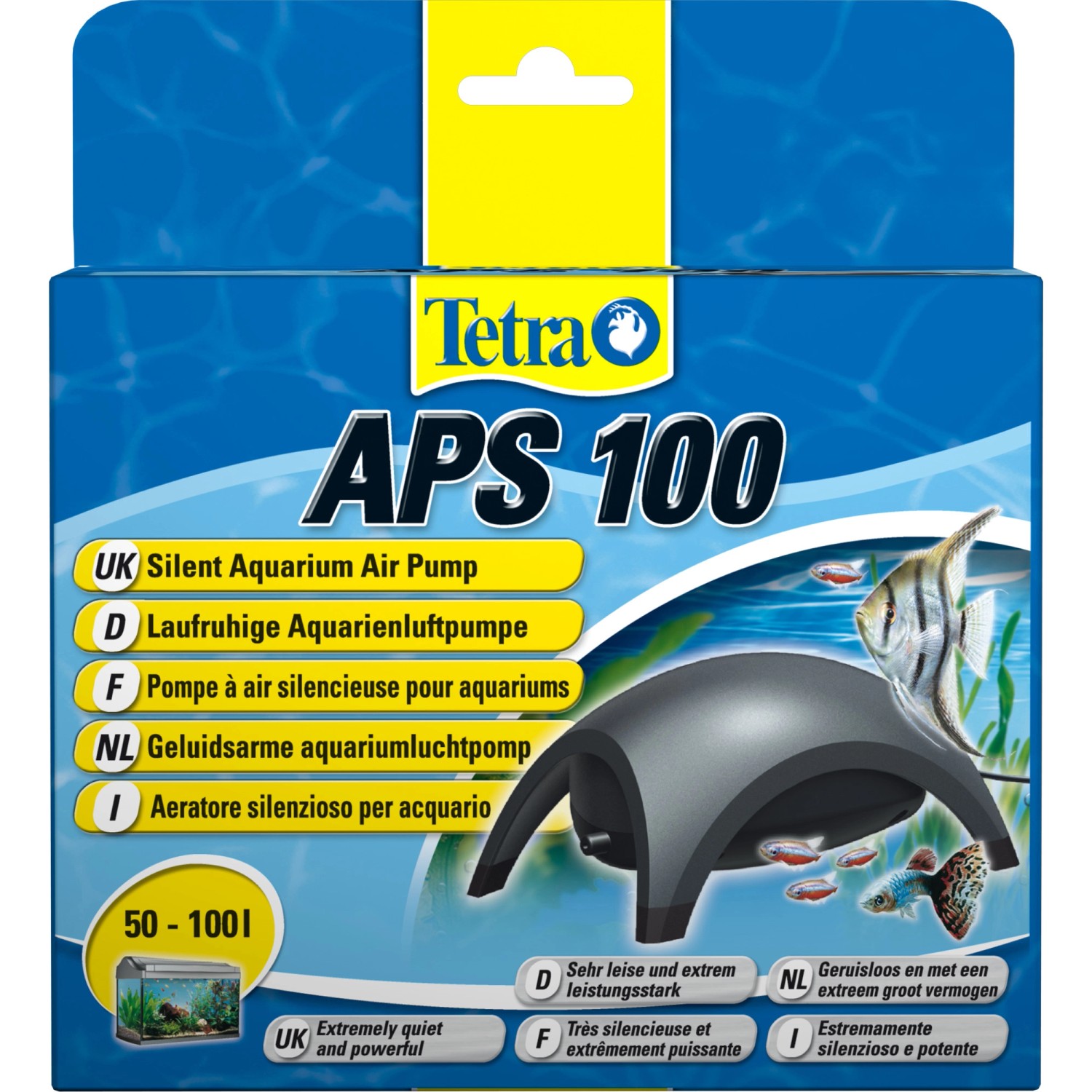 Verpackung der Tetra Aquarienluftpumpe APS 100, geeignet für Aquarien von 50-100l.