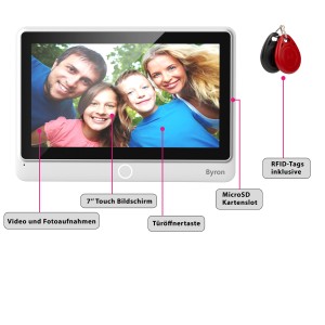 Byron Video-Türsprechanlage mit 7-Zoll Touchscreen und RFID-Tags. Das Display zeigt eine Familie.