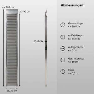TRUTZHOLM Alu Schwerlastrampe, 200cm lang, 30cm breit, mit geriffelter Oberfläche und detaillierten Maßangaben.