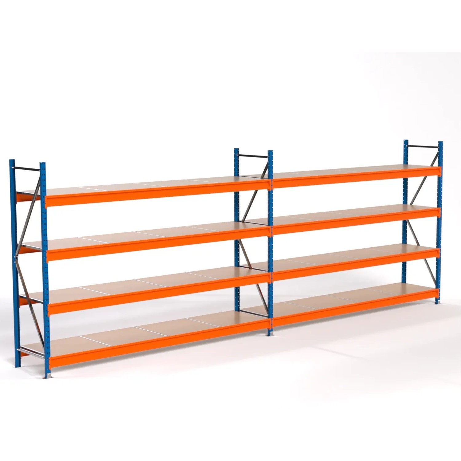 PROREGAL Industrie Weitspannregal Lagerregal MAXIMUS PRO Komplettregal 2 Felder HxBxT 200x550x60cm 4 Spanplatten-Fachboden Fachlast 450kg Blau/Orange