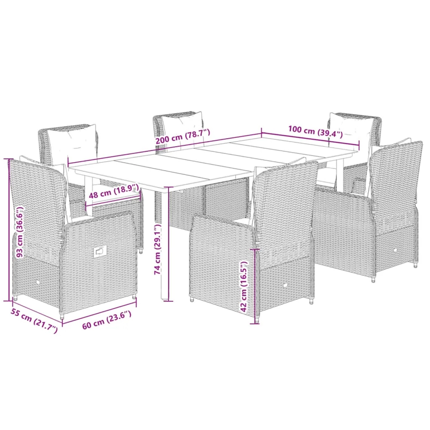 vidaXL 7-tlg. Garten-Essgruppe mit beigen Polyrattan-Stühlen und Tisch, Maße eingezeichnet.