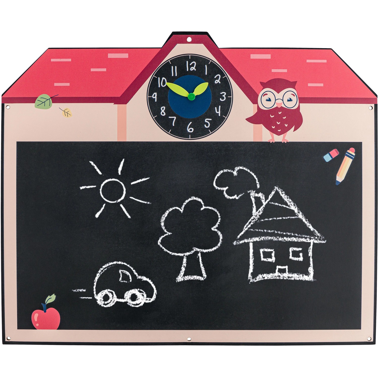 SwingKing Tafel mit Uhr für Spielhaus: Schwarze Maltafel mit Haus-Design und Zeichnungen.
