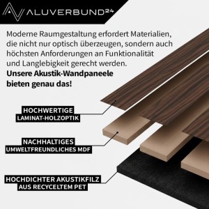 Aluverbund24 Akustik-Wandpaneel Slim 278x60cm Nussbaum Holz Akustikpaneele Wandverkleidung Dunkle Holzlamellen Wand