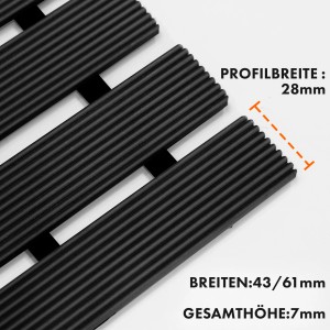 Schwarze KARAT Fußmatte mit Drainage, Profil und Maßen. Antibakterielle Badematte für Nasszonen.