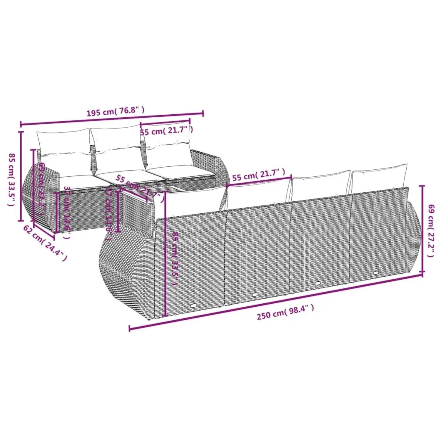 vidaXL 8-tlg. Garten-Sofagarnitur, schwarzes Poly Rattan mit Maßen. Gartenmöbel für Terrasse und Garten.