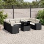 Schwarze 10-tlg. vidaXL Garten-Sofagarnitur aus Rattan mit cremefarbenen Kissen.