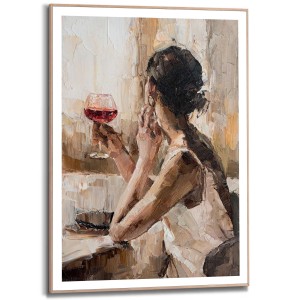 Gerahmtes Bild: Frau mit Glas Wein, beige, 70x50 cm. Dekorative Wandkunst für Wohnzimmer.