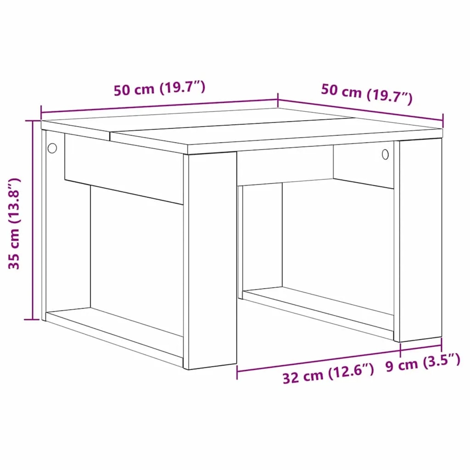 Maßzeichnung vidaXL Couchtisch 50x50x35 cm. Quadratischer Tisch aus Holzwerkstoff mit Ablagefach.