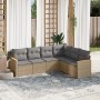 Beige 6-tlg. vidaXL Garten-Sofagarnitur aus Poly Rattan mit grauen Kissen im Garten.