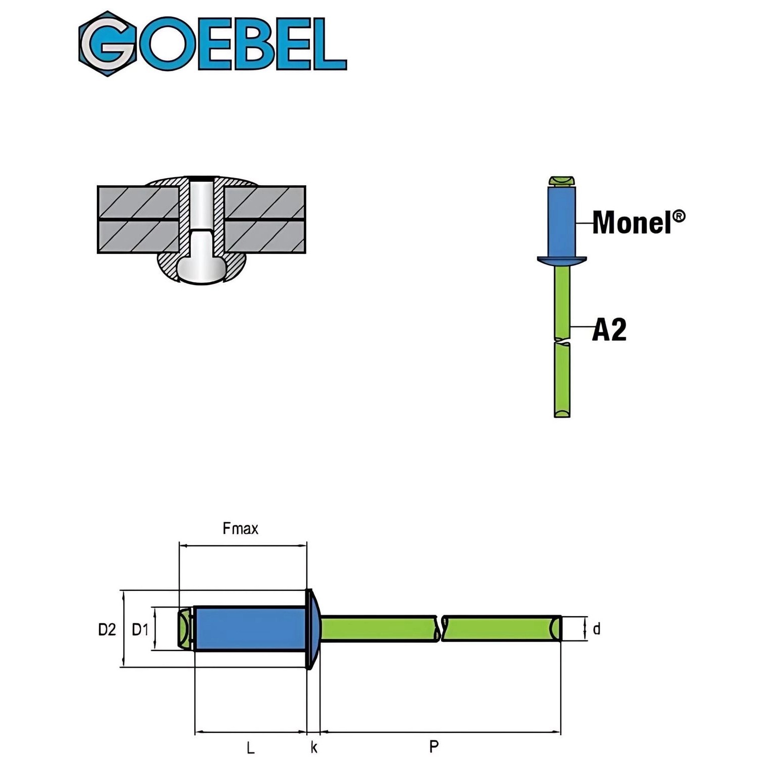 GOEBEL Blindniete 3,2x7,5 mm, Monel verzinkt, Edelstahl A2, Flachkopf Standard Niete.