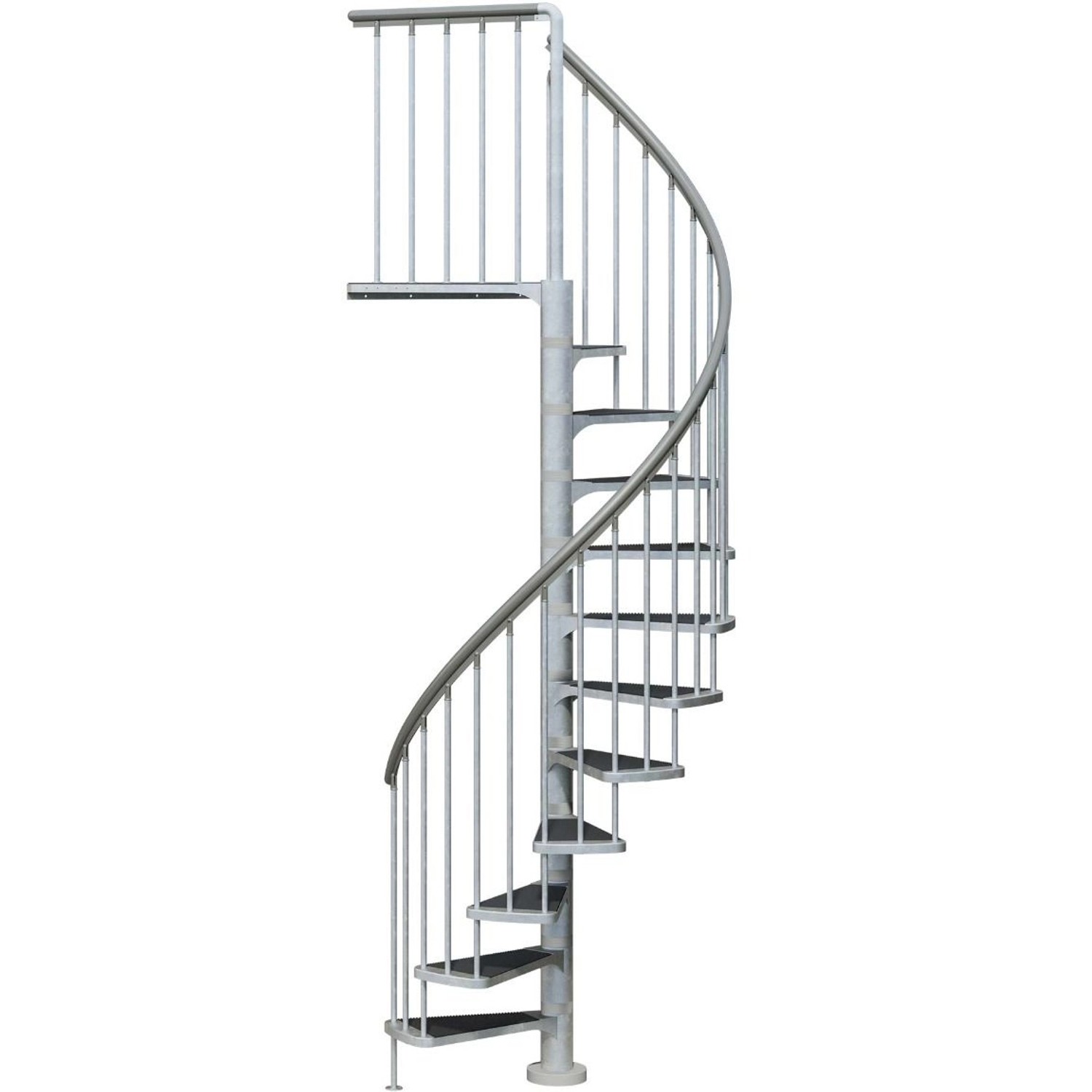 Feuerverzinkte Dolle Außenspindeltreppe Gardenspin mit grauen TRIMAX-Stufen und Geländer.