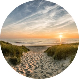 Rundes Glasbild: Weg zum Strand mit Dünen und Sonnenuntergang, 30x30 cm.