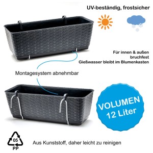 BigDean 2er Set Blumenkästen für Balkon Geländer Rattan Optik Anthrazit Balkonkästen mit Metall Halterungen 49 x 17 x 17 cm inkl.