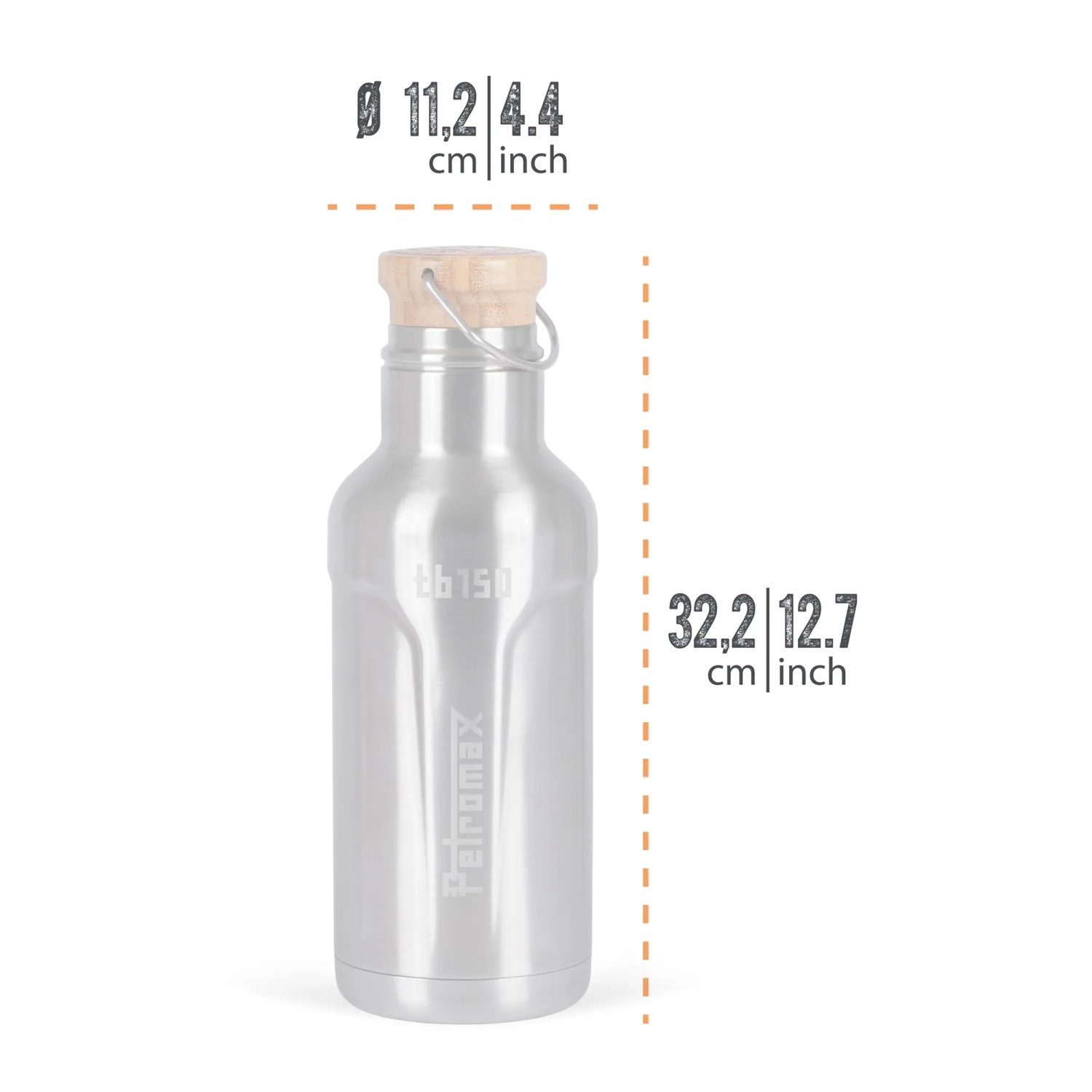 Petromax Isolierflasche TB150, 1,5 l, Edelstahl mit Bambusdeckel, Maße werden angezeigt.