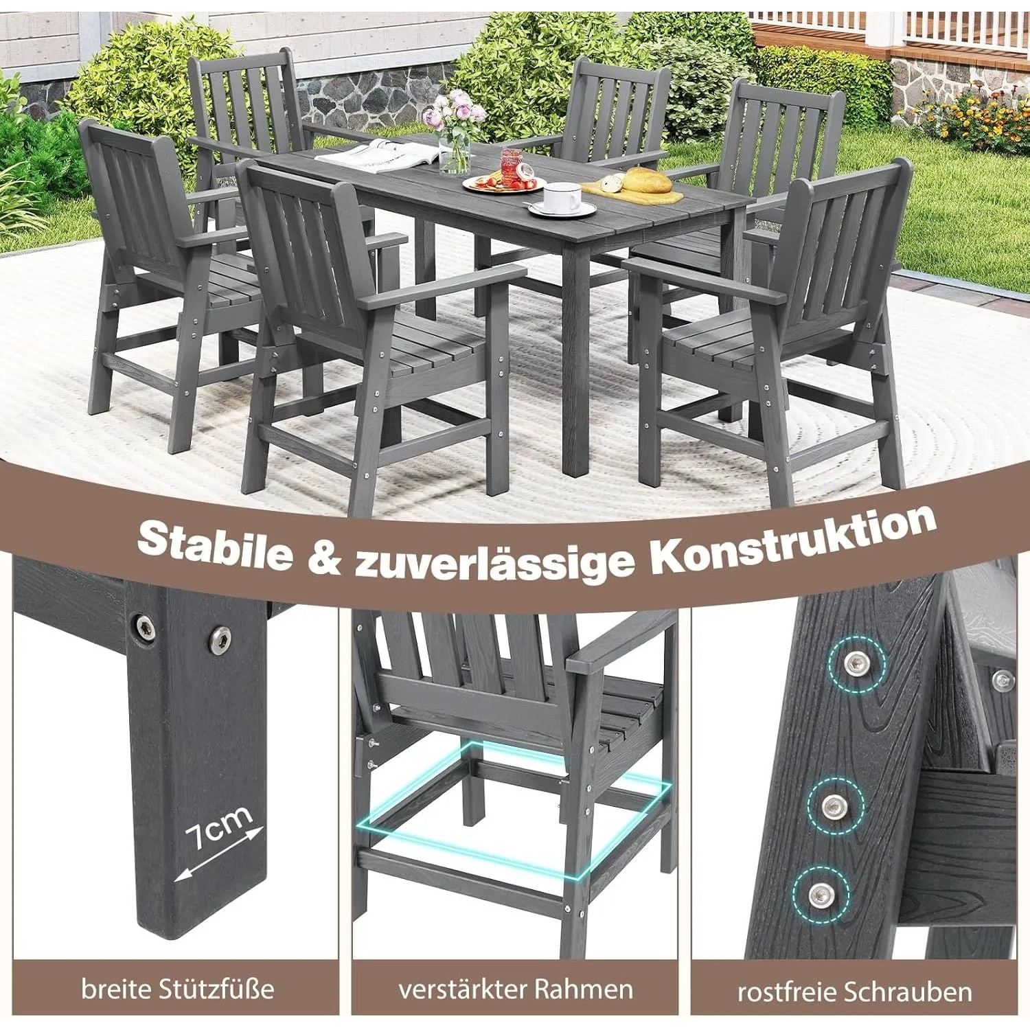 Costway Gartenstuhl Kunststoff Hdpe Holzoptik Wetterfest Grau_5