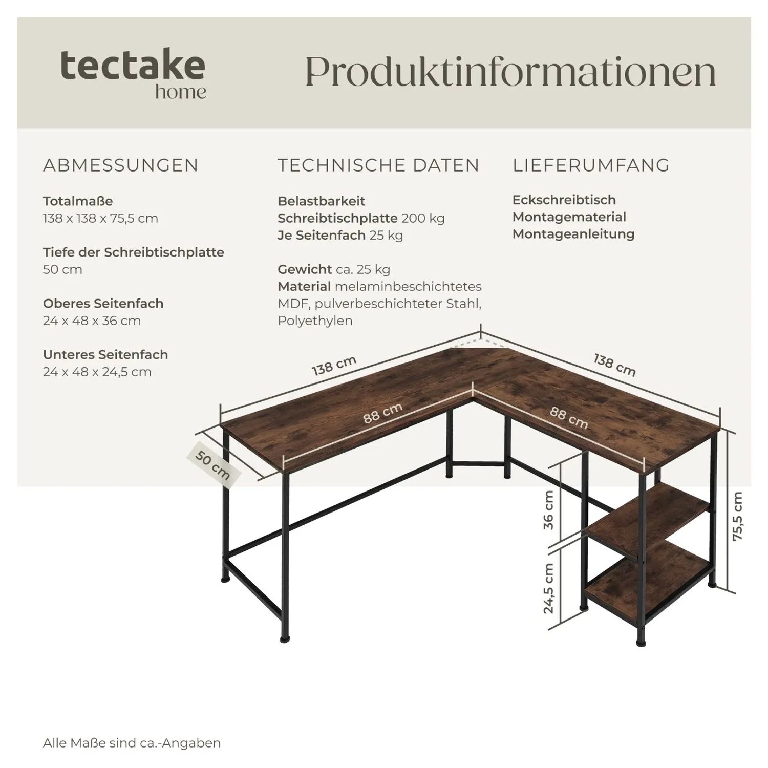 Tectake Eckschreibtisch im Industrial Style mit Holzplatte und schwarzem Stahlgestell.