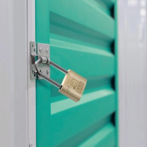 Basi Vorhangschloss 40mm mit hohem Bügel an grüner Tür, Messinggehäuse.