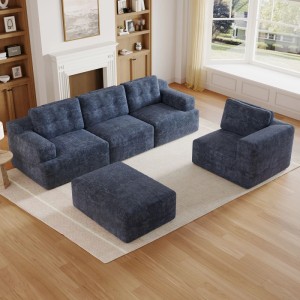 Blaues modulares Chenille Sofa Set (L/U-Form) mit Sessel und Hocker. Komfortables Polstermöbel für Wohnzimmer.